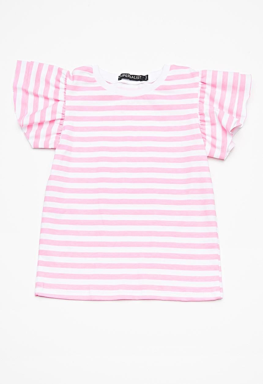 Superbalist - Kids girls  ruffle sleeve top - pink & white 