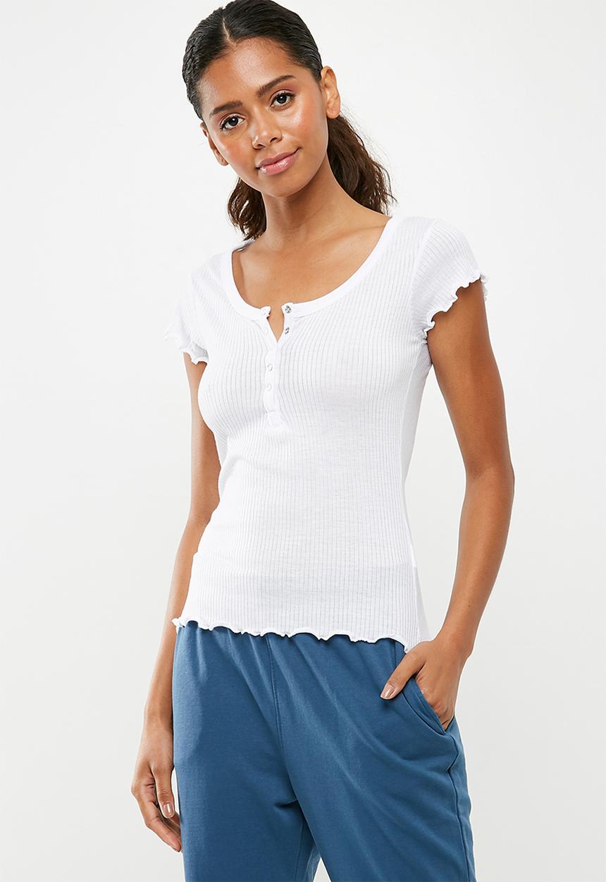 Missguided - Lettuce hem popper front rib top - white