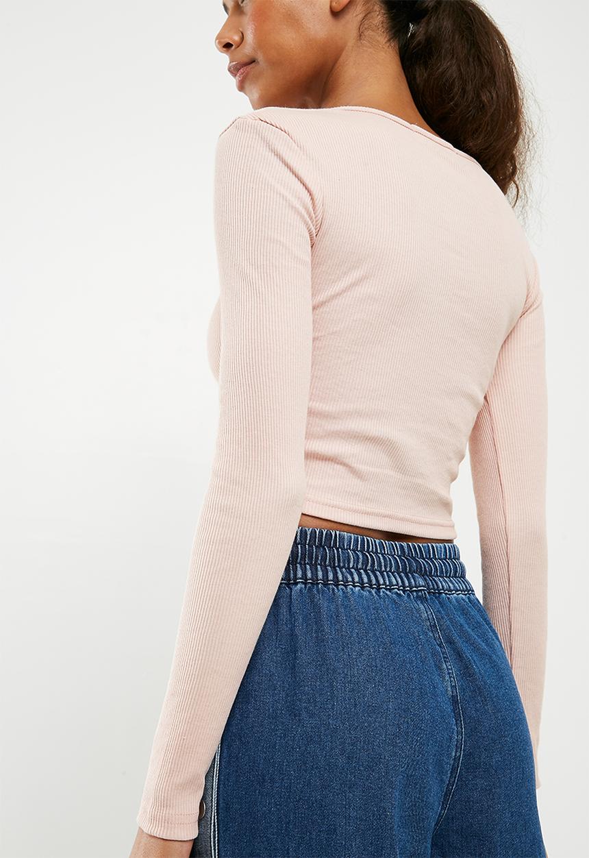 Missguided - Long sleeve zip front ribbed crop top - nude