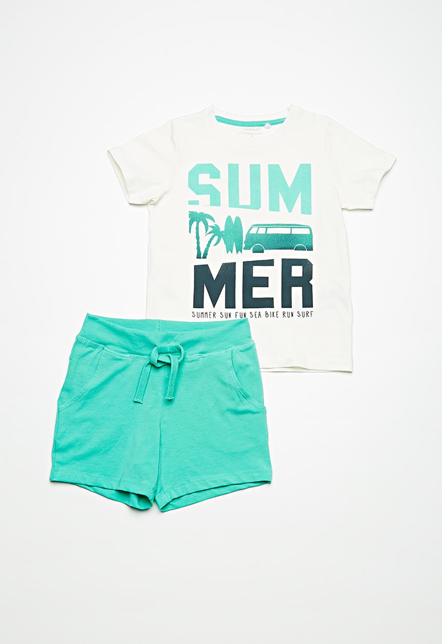 Name It - Portan summer print short set -  white & blue 