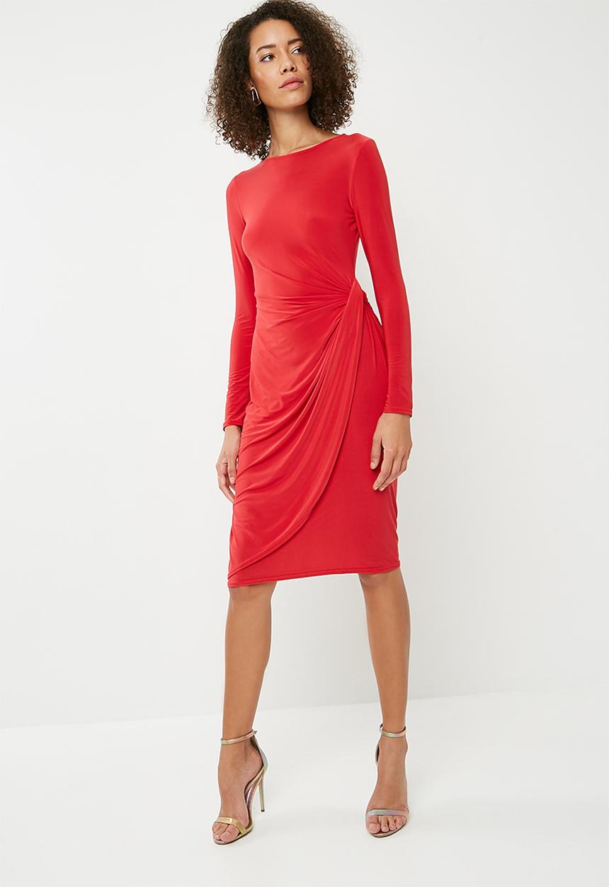 Missguided - Slinky twist front asymmetric split hem midi dress - red 