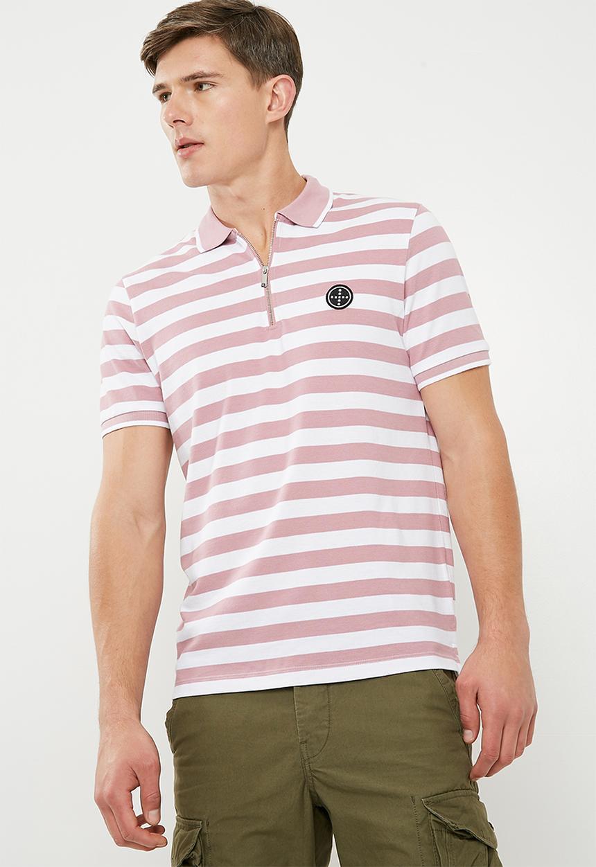 Jack & Jones - Atlas zip stripe polo - pink & white 