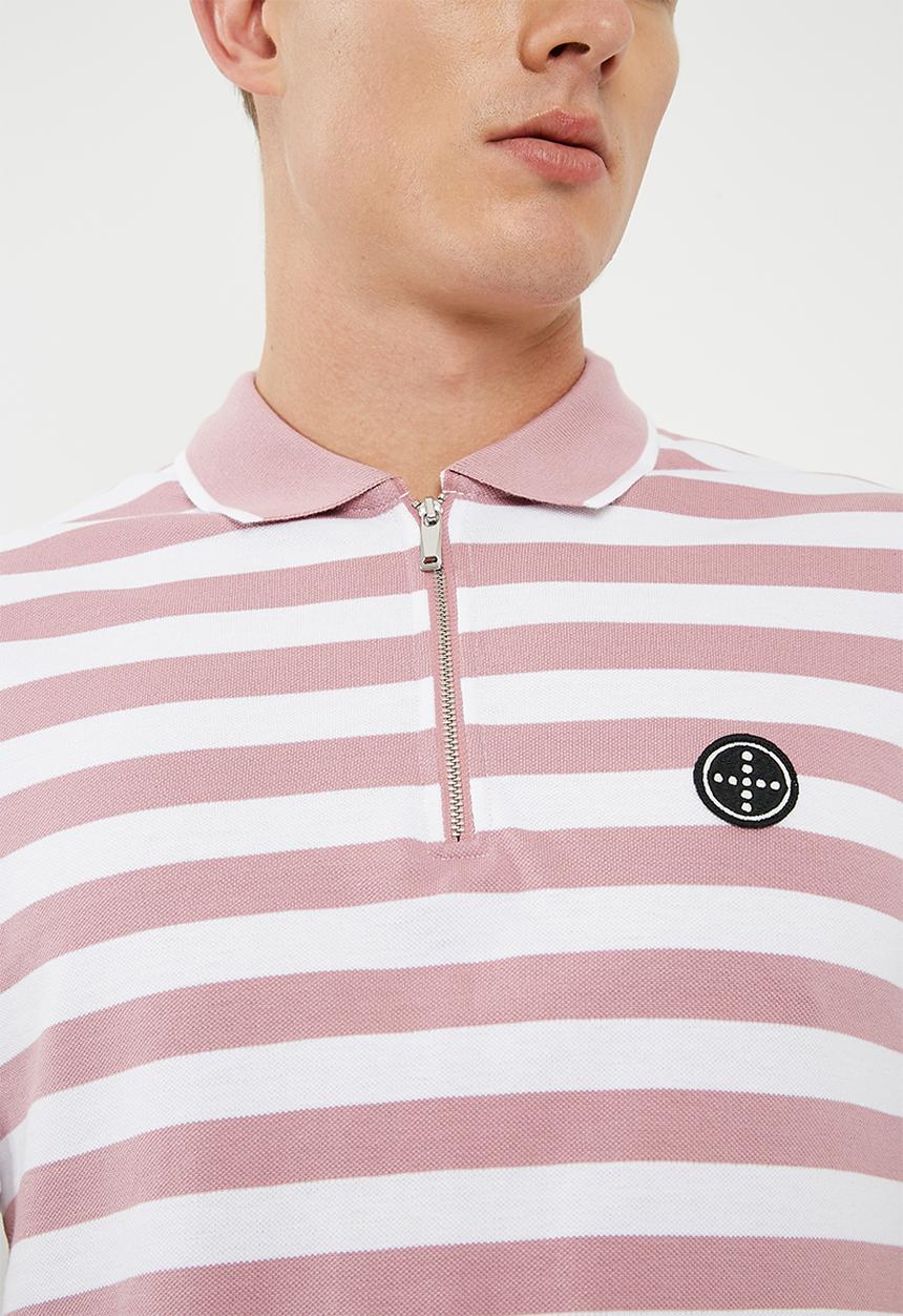 Jack & Jones - Atlas zip stripe polo - pink & white 
