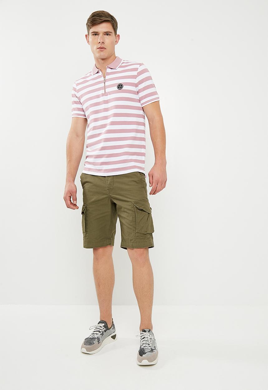 Jack & Jones - Atlas zip stripe polo - pink & white 
