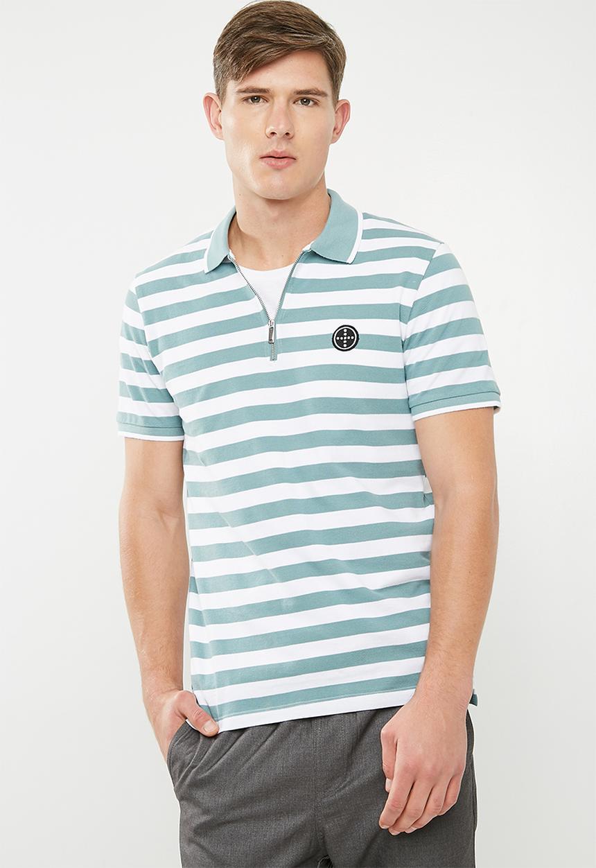 Jack & Jones - Atlas zip stripe polo - green & white 