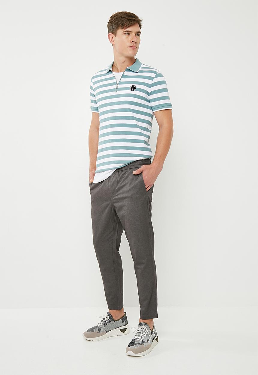 Jack & Jones - Atlas zip stripe polo - green & white 