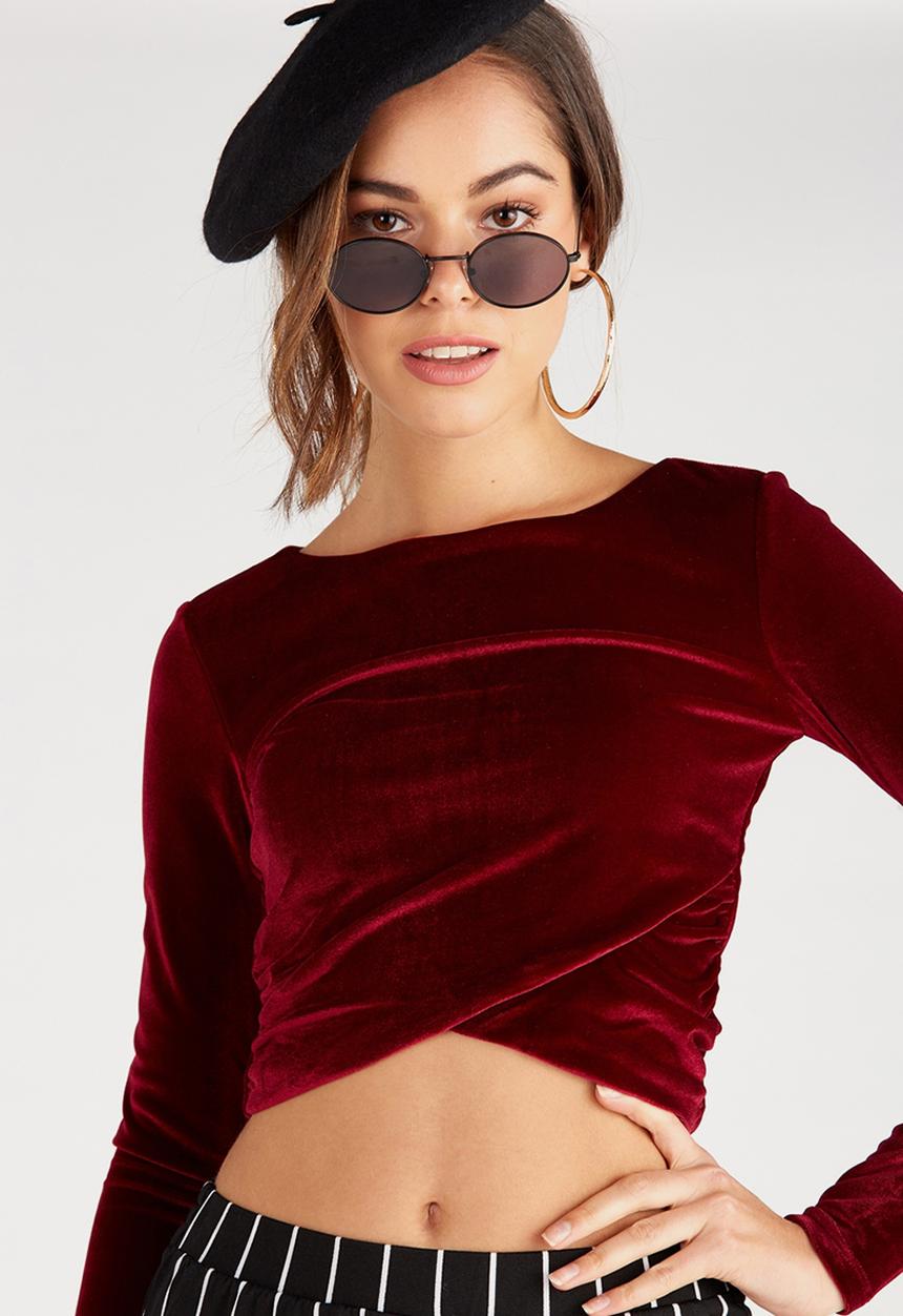 Supré  - Luxe verlour long sleeve cross over top - burgundy 