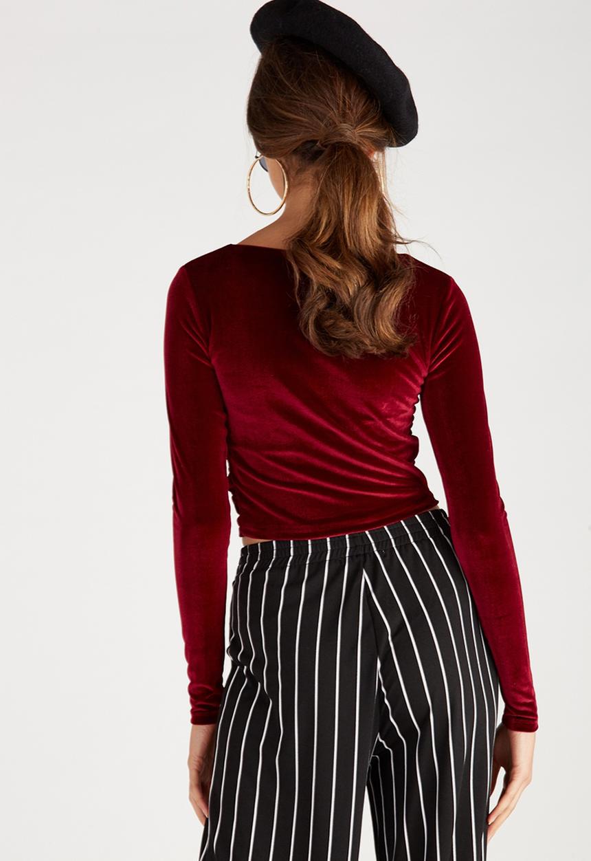 Supré  - Luxe verlour long sleeve cross over top - burgundy 