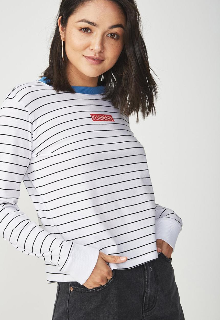 Cotton On - Tbar Tammy chopped graphic long sleeve tee - black & white 