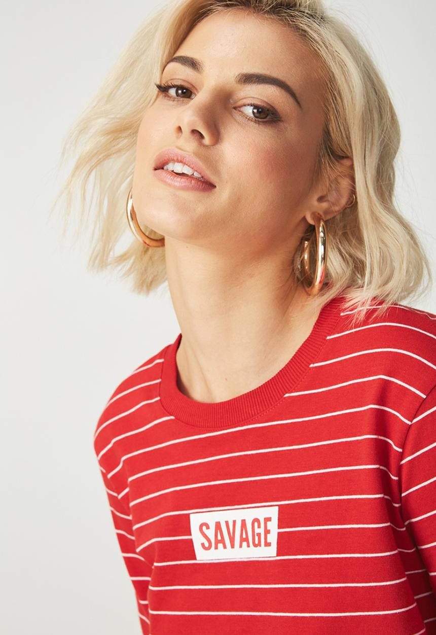 Cotton On - Tbar Tammy chopped graphic long sleeve tee - red & white 