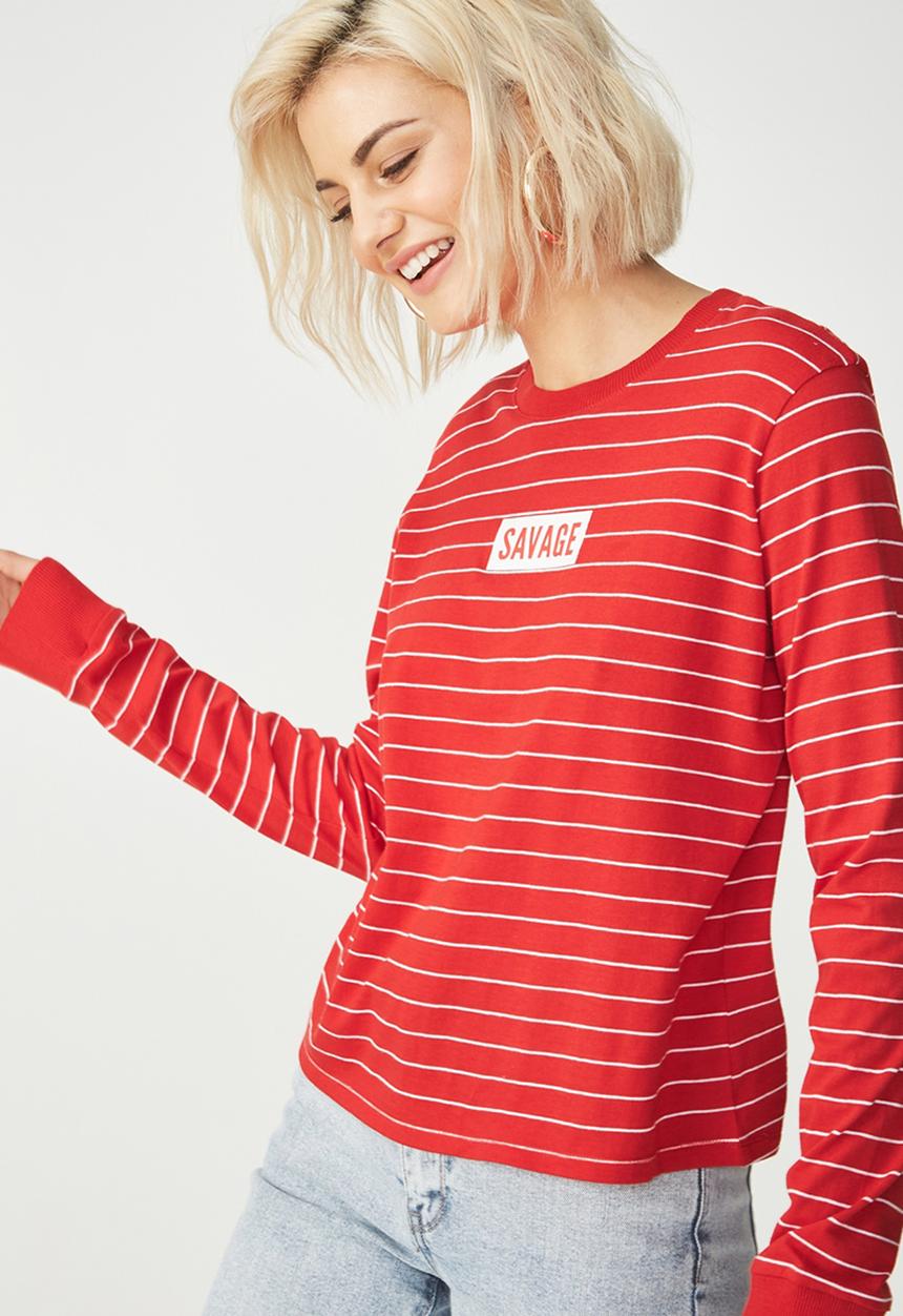 Cotton On - Tbar Tammy chopped graphic long sleeve tee - red & white 