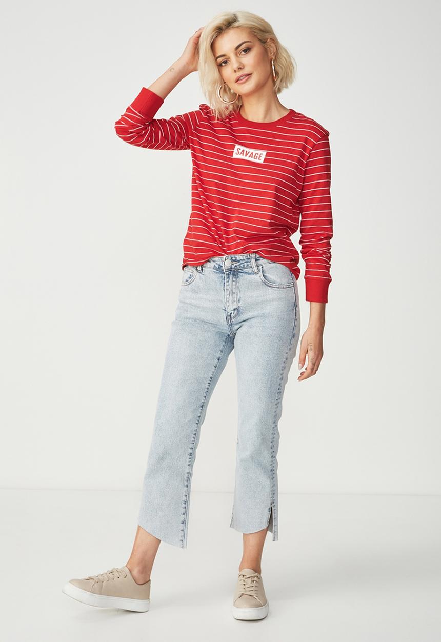Cotton On - Tbar Tammy chopped graphic long sleeve tee - red & white 