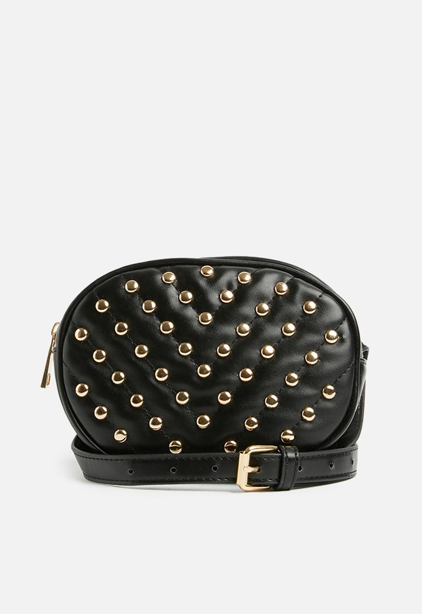 Missguided - Quilted gold studded circle waist bag - black