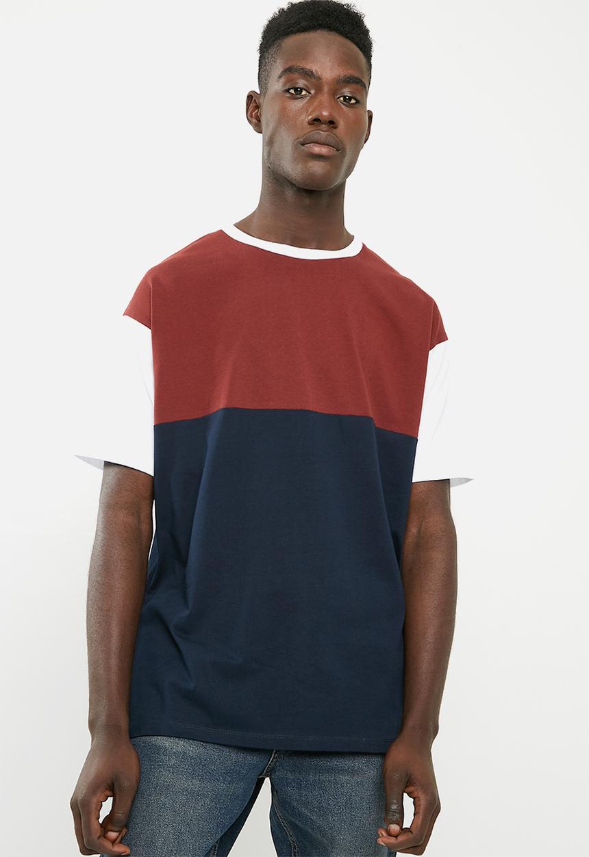 Superbalist - Loose fit colour-blocked tee - navy & burgundy