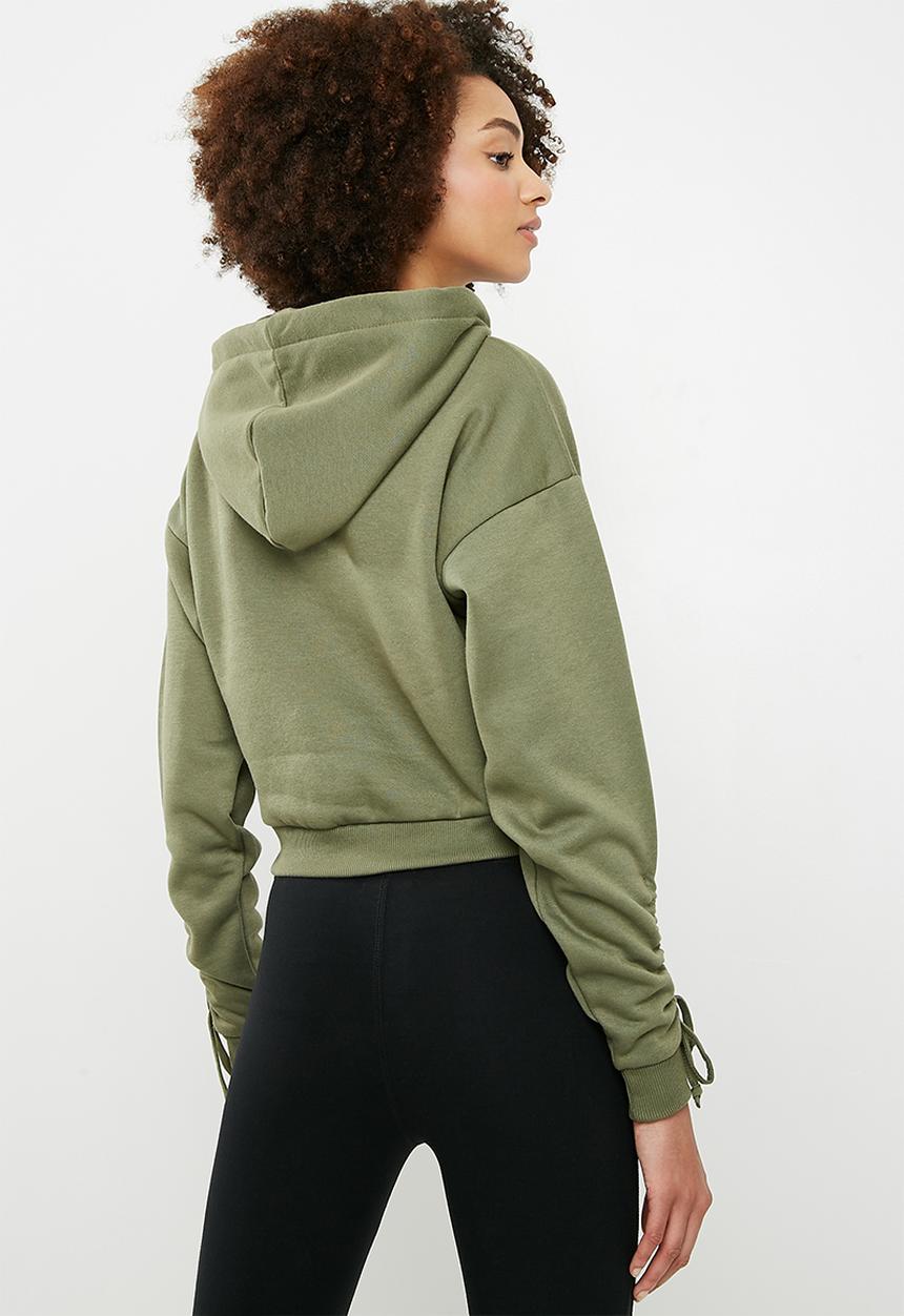 dailyfriday - Cropped ruched sleeve hoodie - green 