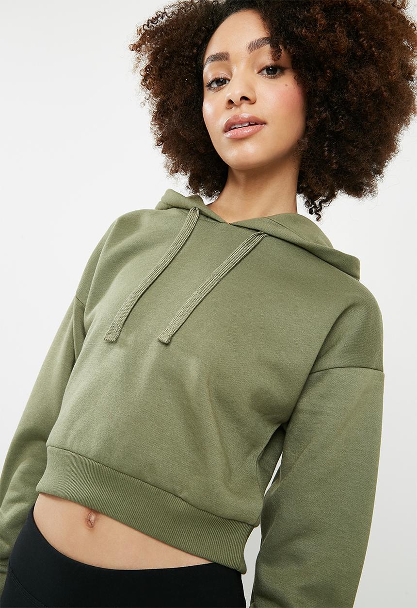 dailyfriday - Cropped ruched sleeve hoodie - green 