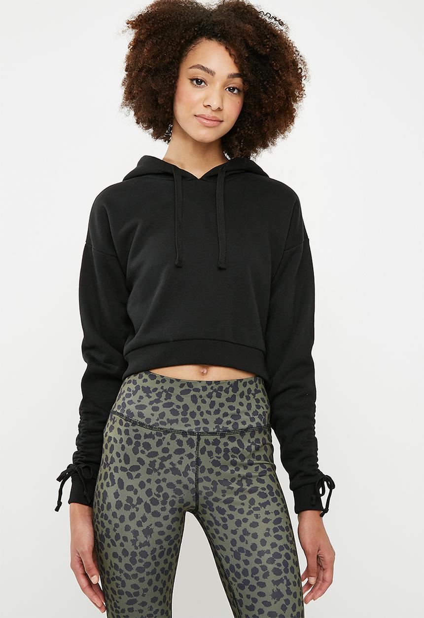 dailyfriday - Cropped ruched sleeve hoodie - black 