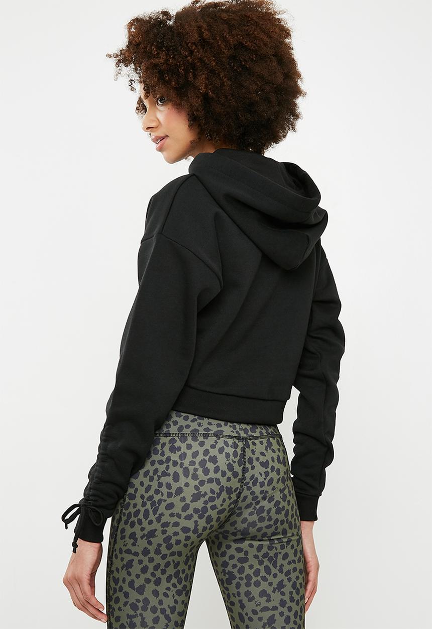 dailyfriday - Cropped ruched sleeve hoodie - black 