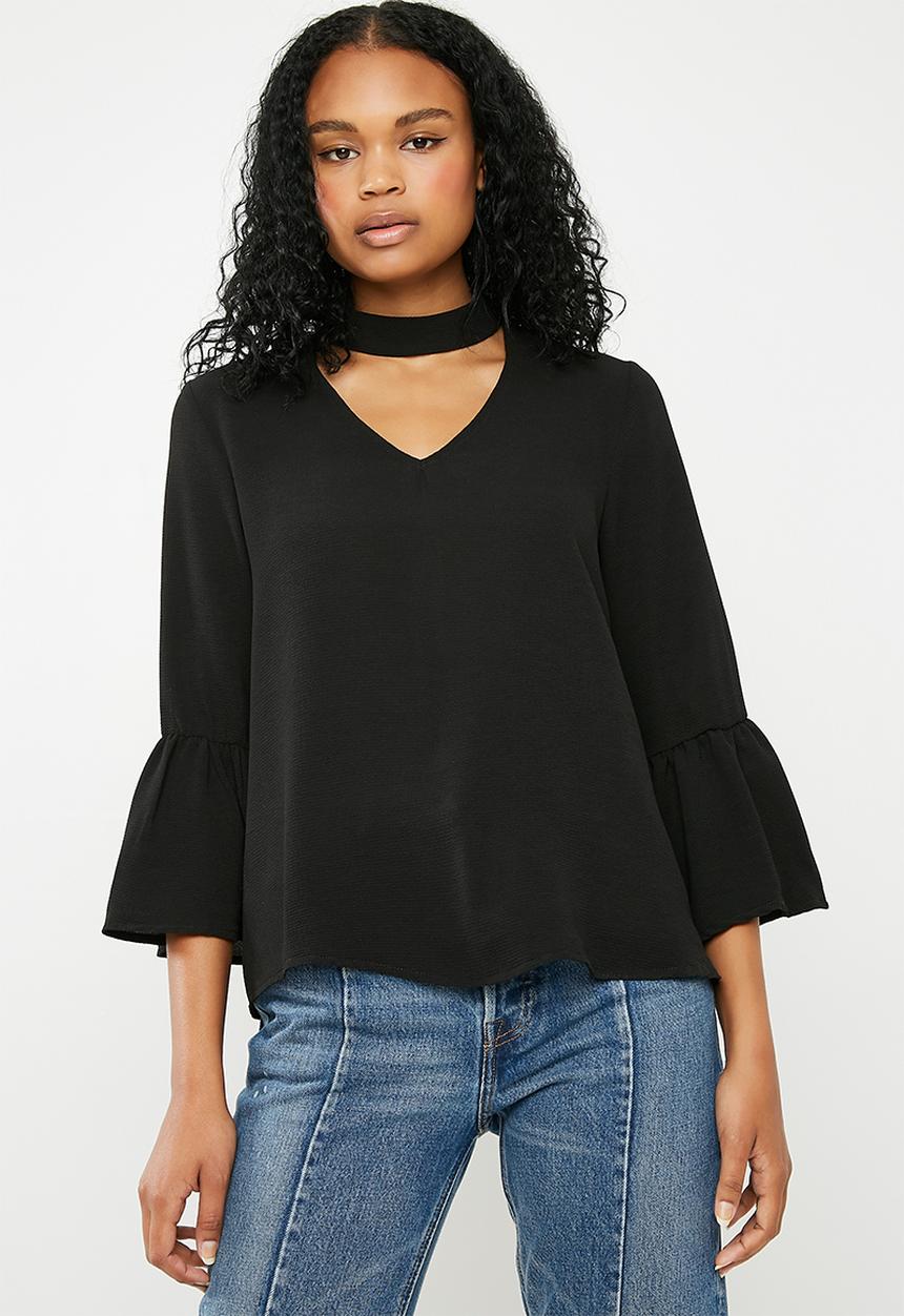 Superbalist - Choker blouse with bell sleeve - black