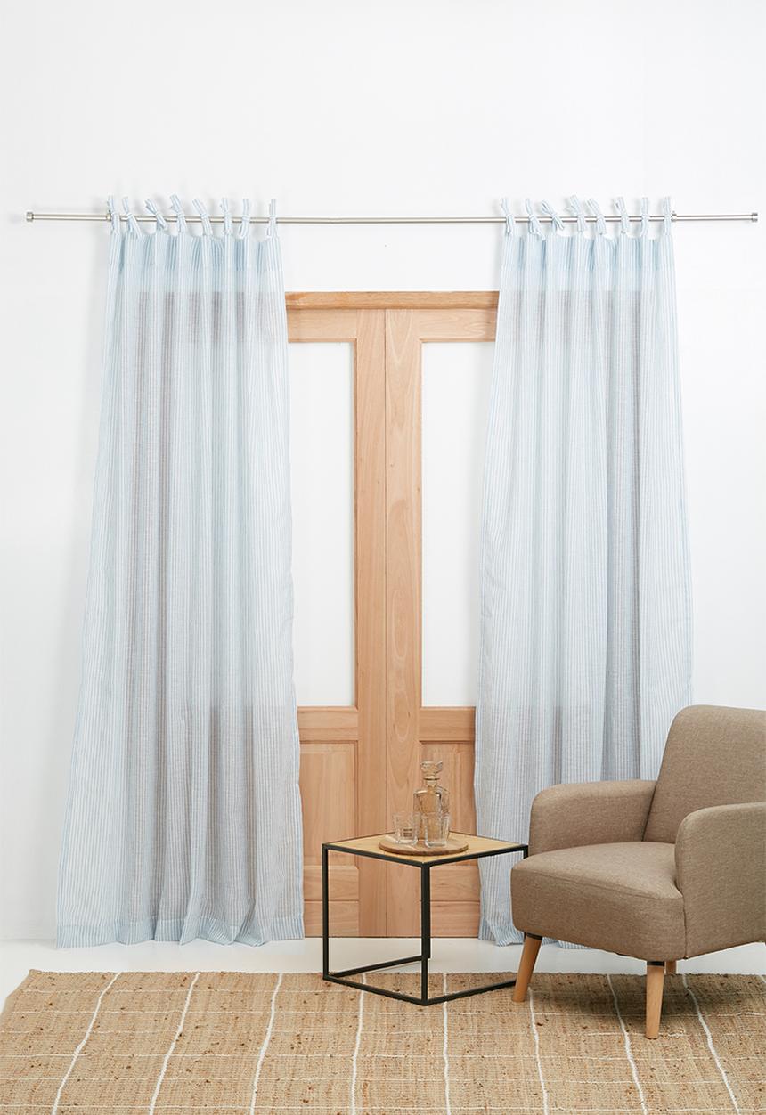 Sixth Floor - Fine stripe tie top curtain - duck egg & white