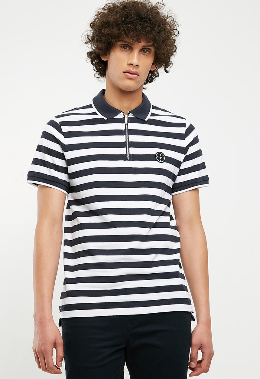 Jack & Jones - Atlas zip stripe polo - navy & white 