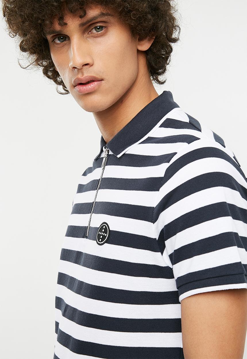 Jack & Jones - Atlas zip stripe polo - navy & white 
