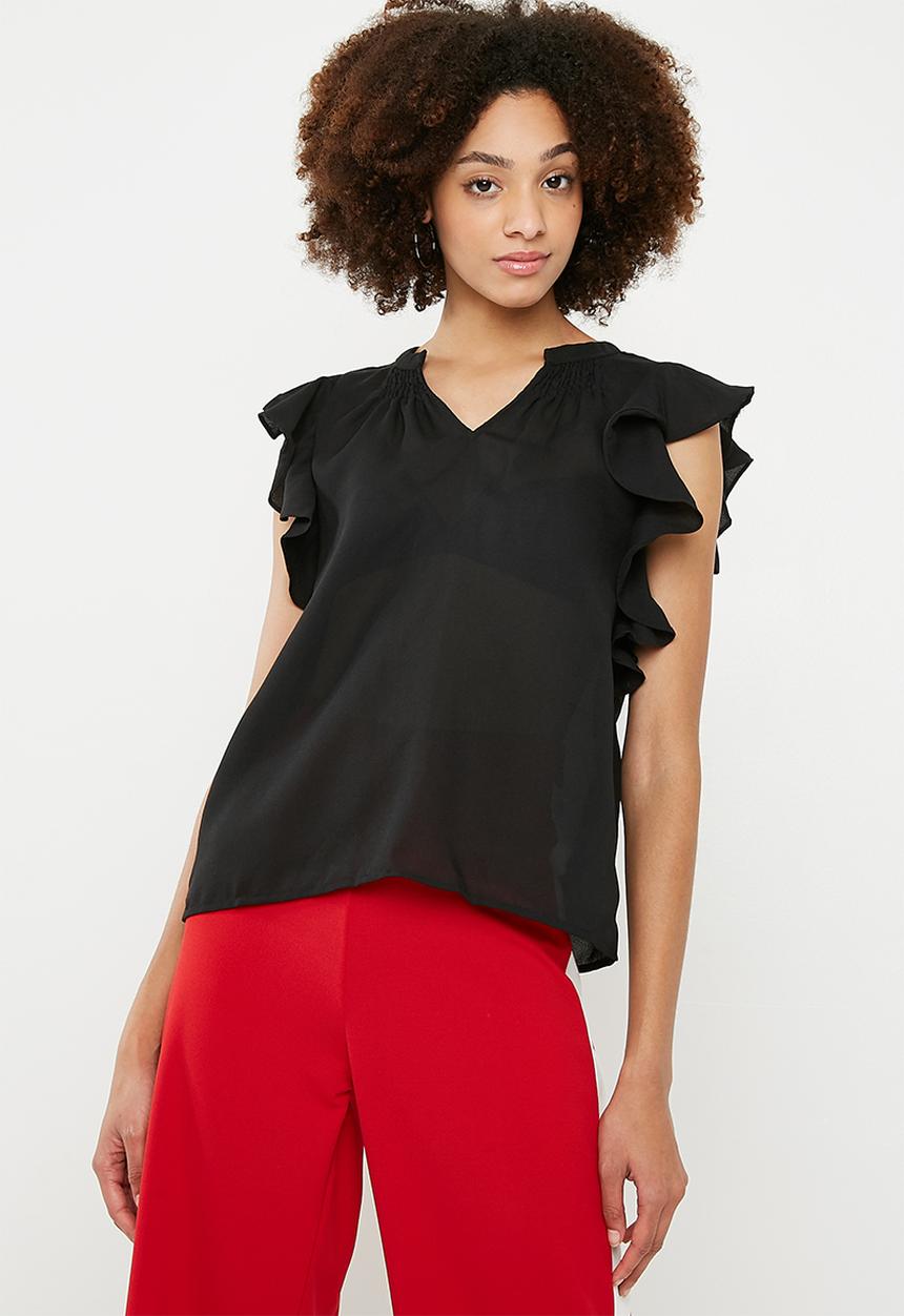 Vero Moda - Violet short sleeve flounce top - black