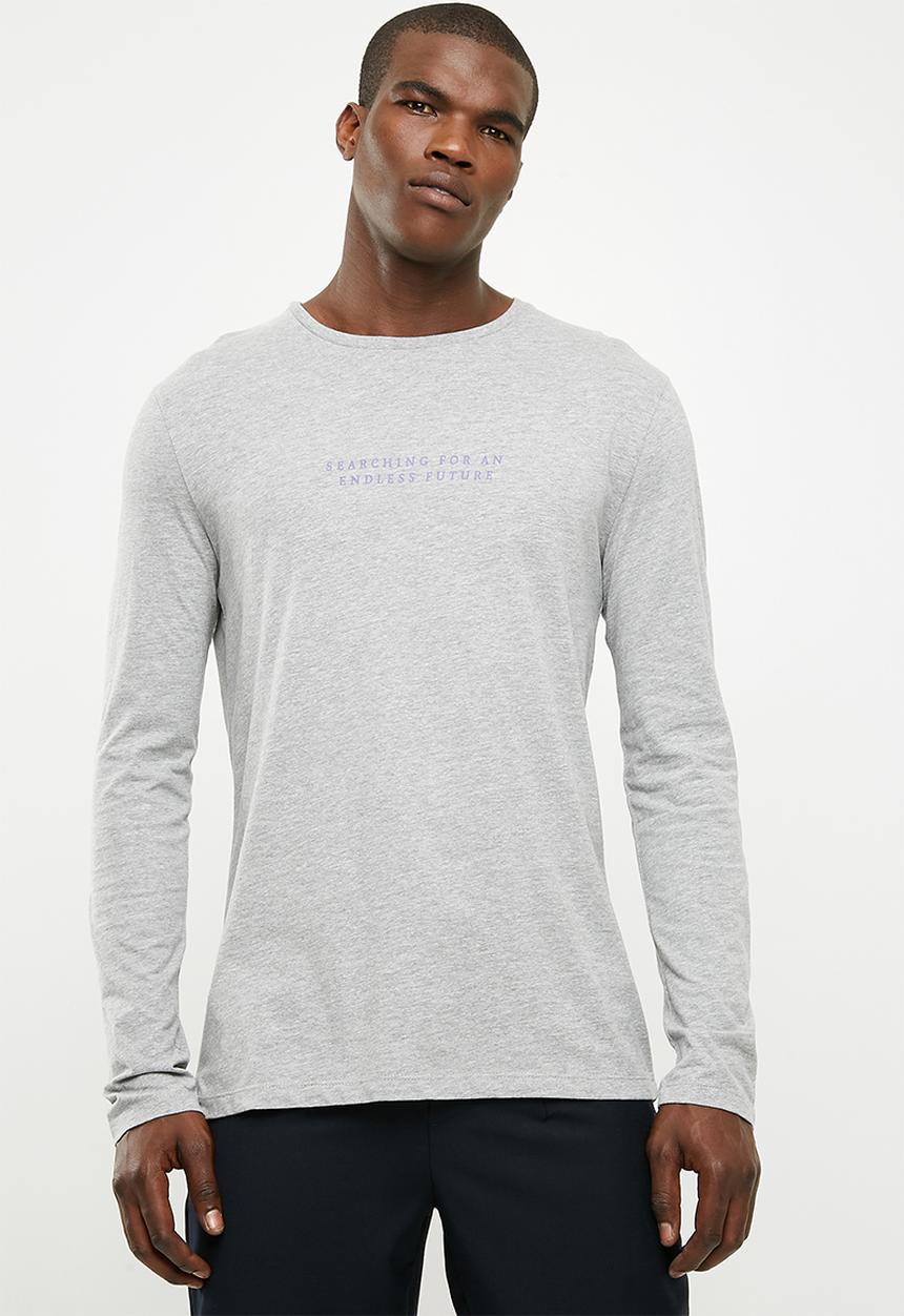 basicthread - Slogan print long sleeve crew neck tee - grey 