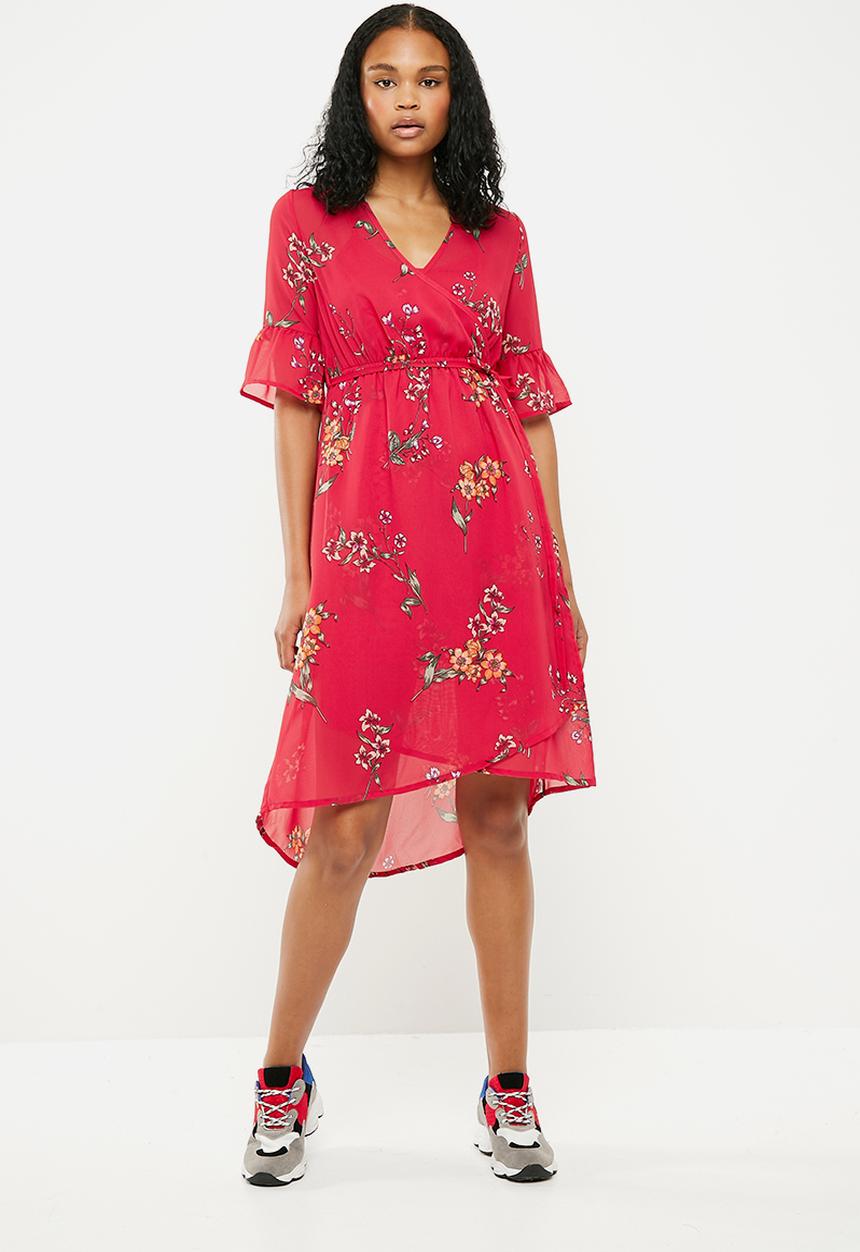 New Look - Charlie floral wrap tie midi dress - red 