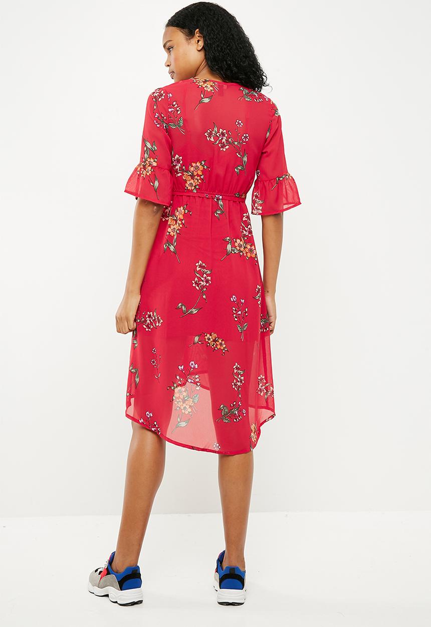 New Look - Charlie floral wrap tie midi dress - red 