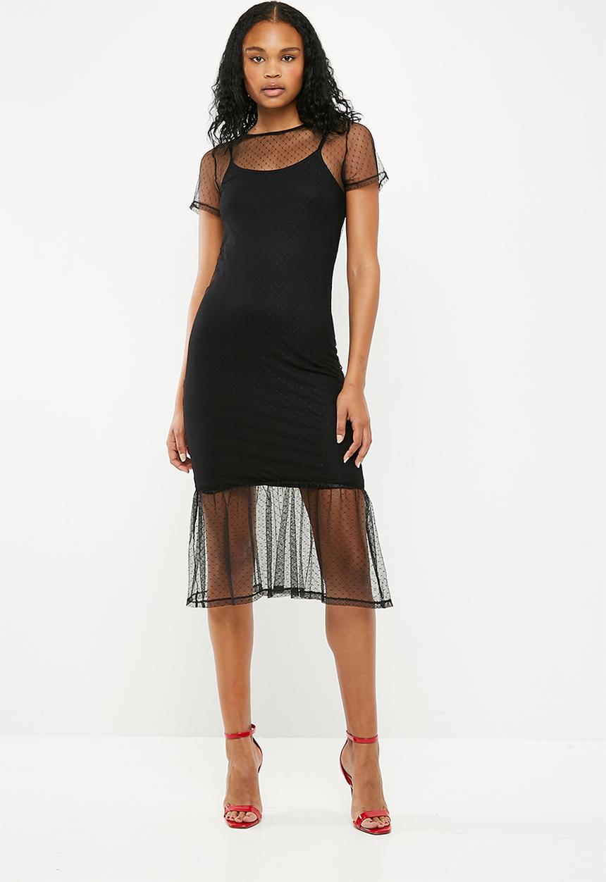 New Look - Dobby mesh tier midi dress - black 