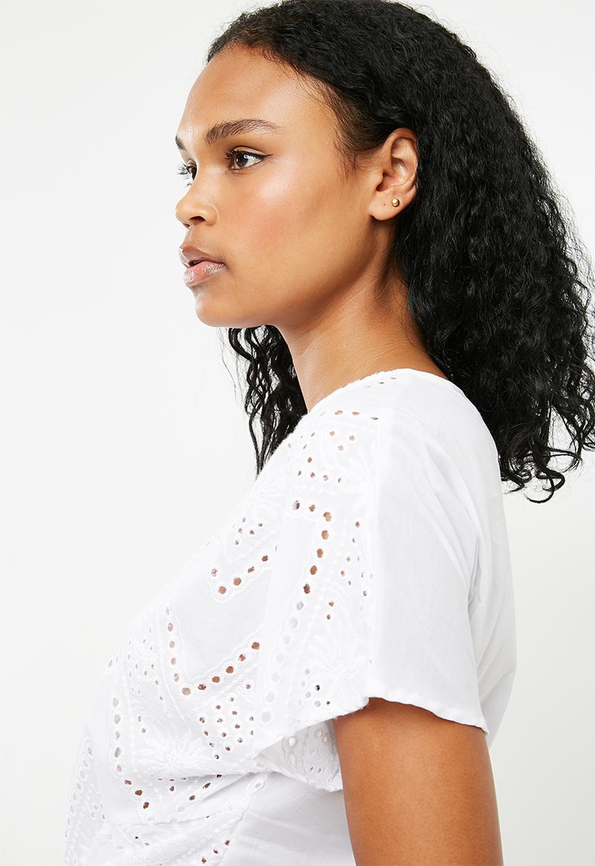 New Look - Jessie cutwork tie front tee - white 