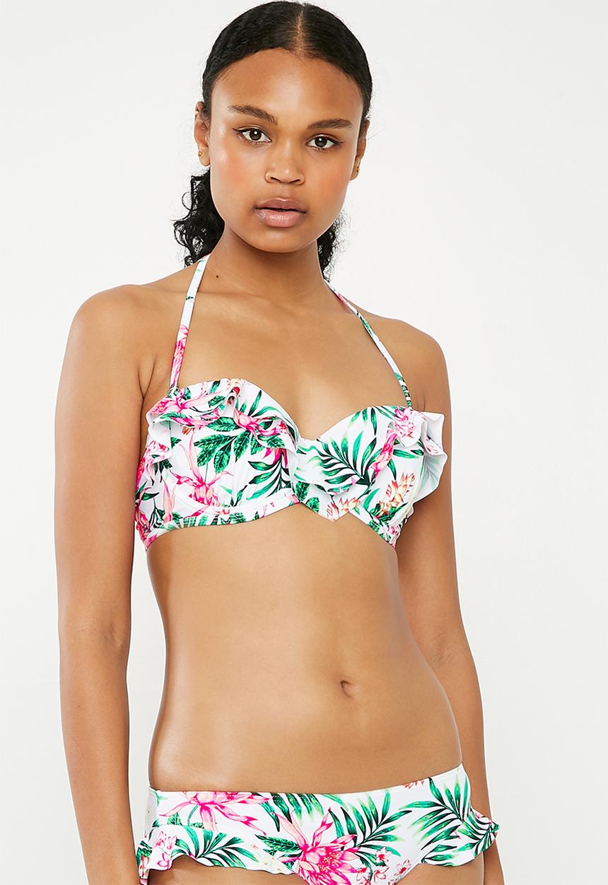 New Look - Tropical underwire frill bikini top- white & pink