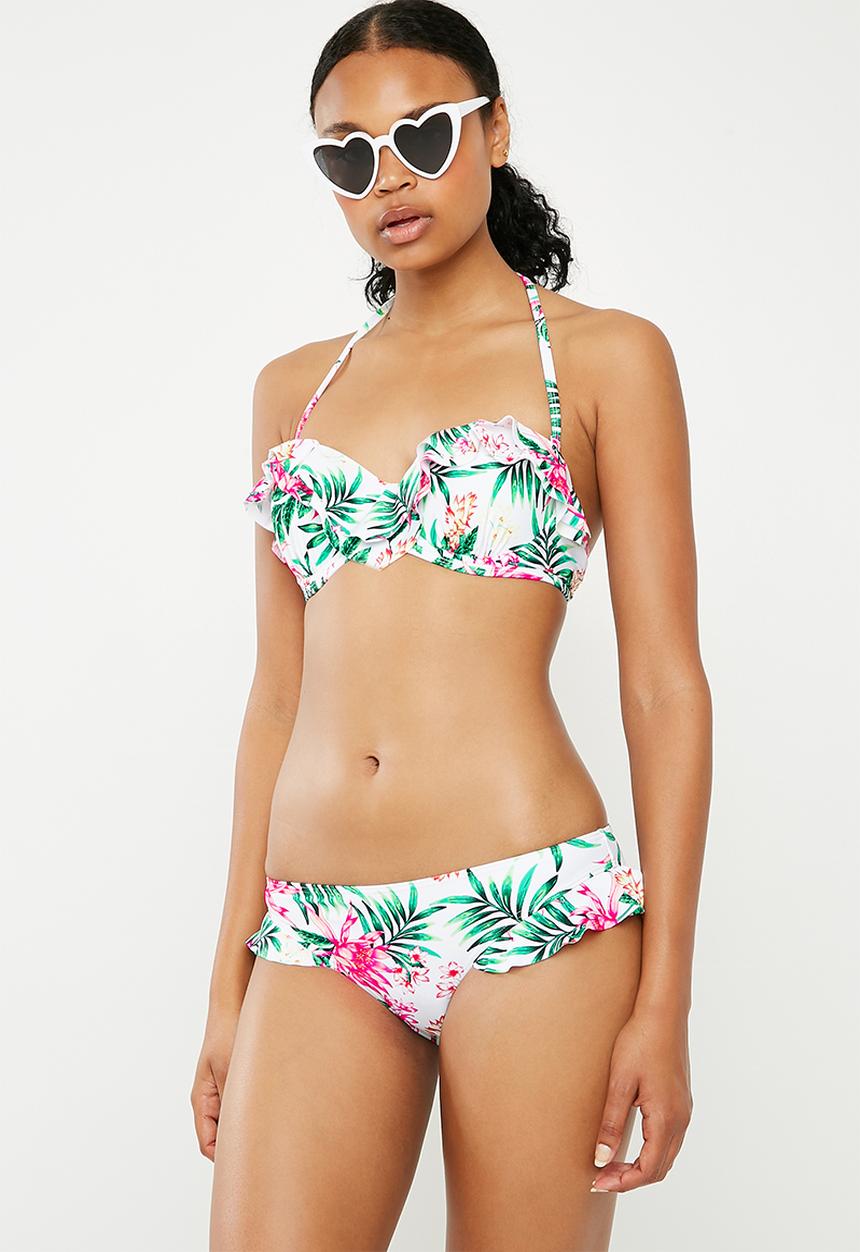 New Look - Tropical underwire frill bikini top- white & pink