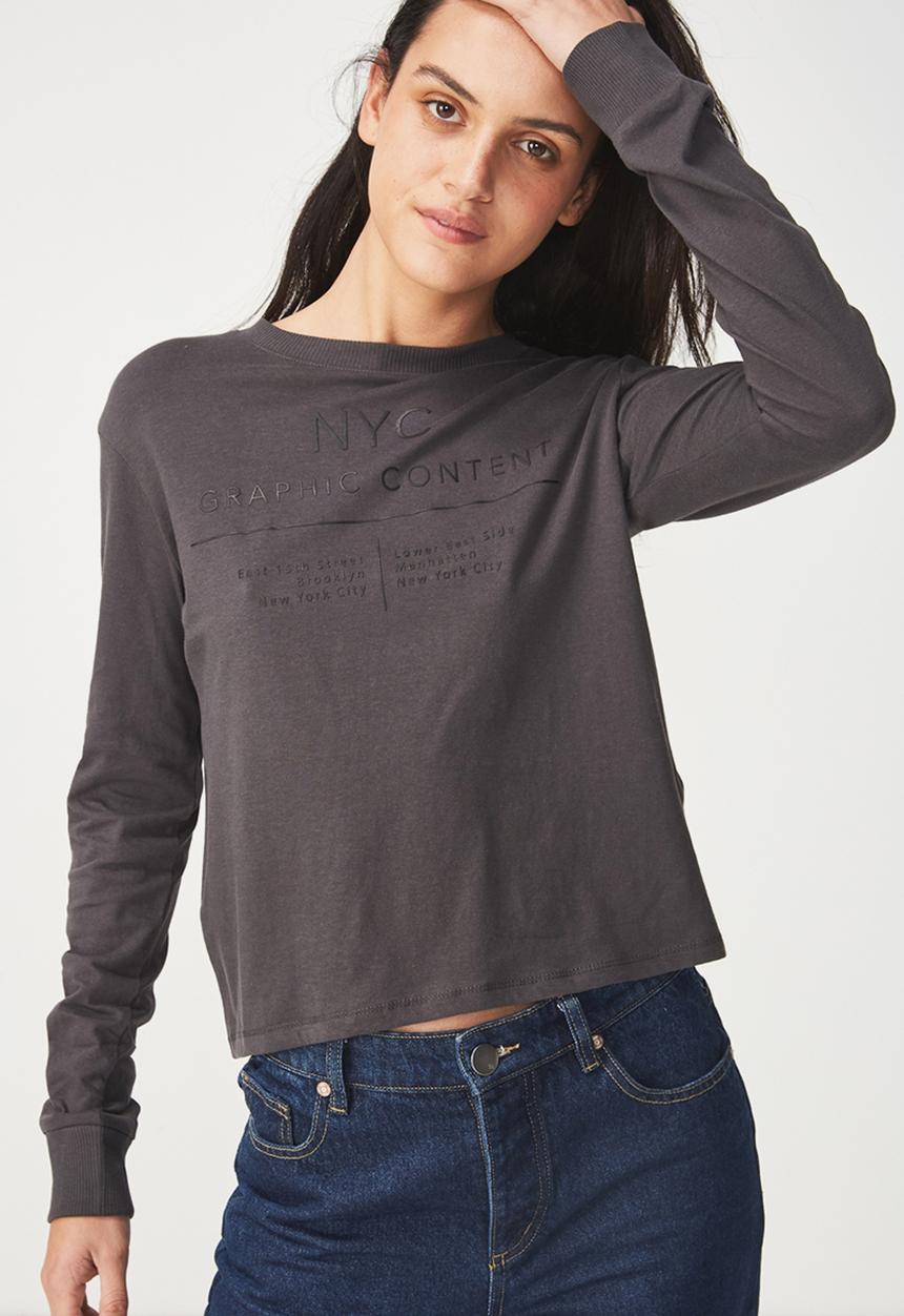Cotton On - Tbar Tammy summer chopped long sleeve tee - charcoal