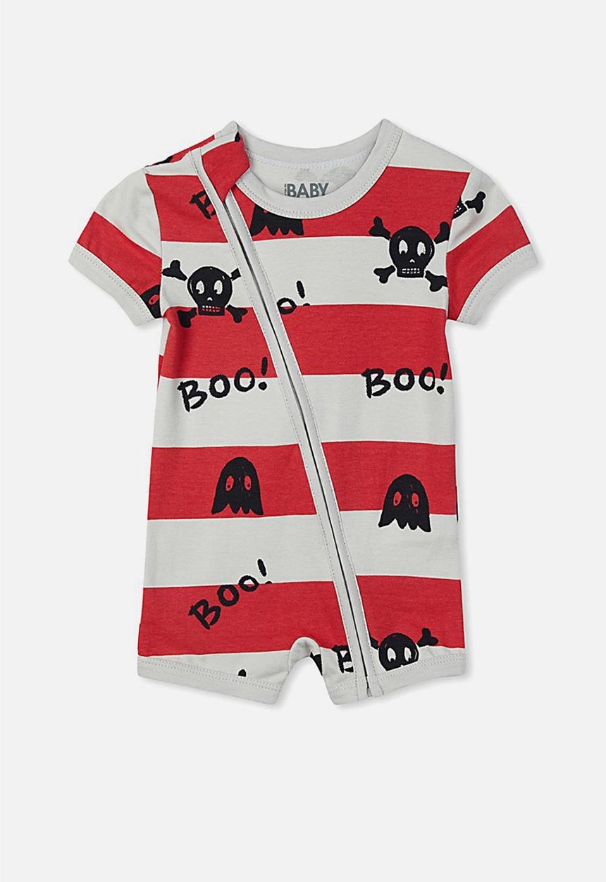 Cotton On - Mini short sleeve zip through romper - grey & red 