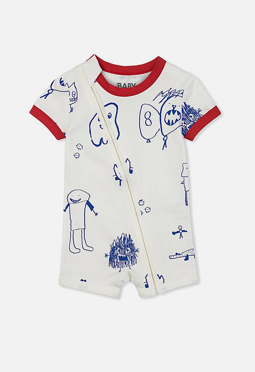 Cotton On - Mini short sleeve zip through romper - white & red 