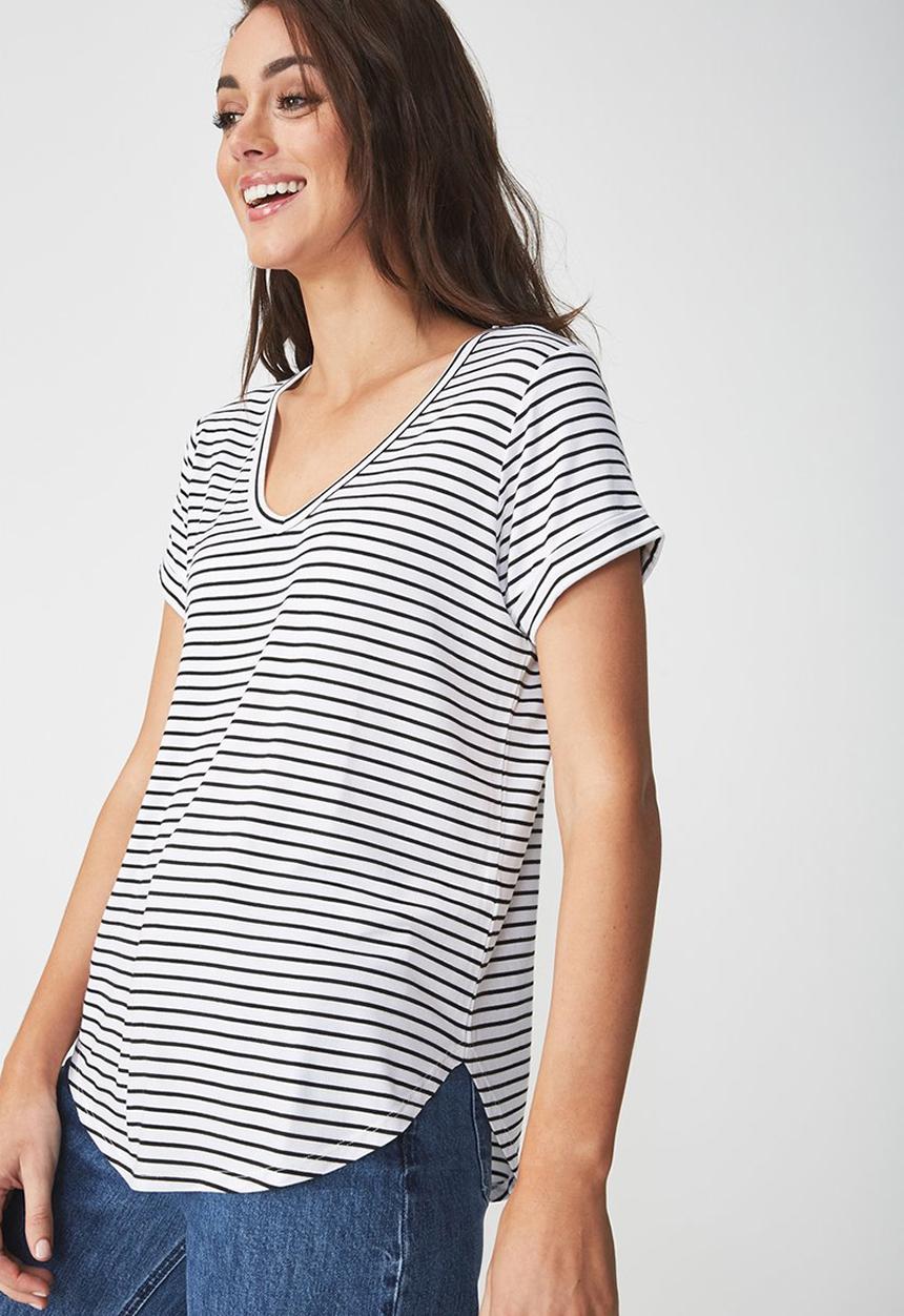 Cotton On - Karly summer short sleeve v neck top - black & white 