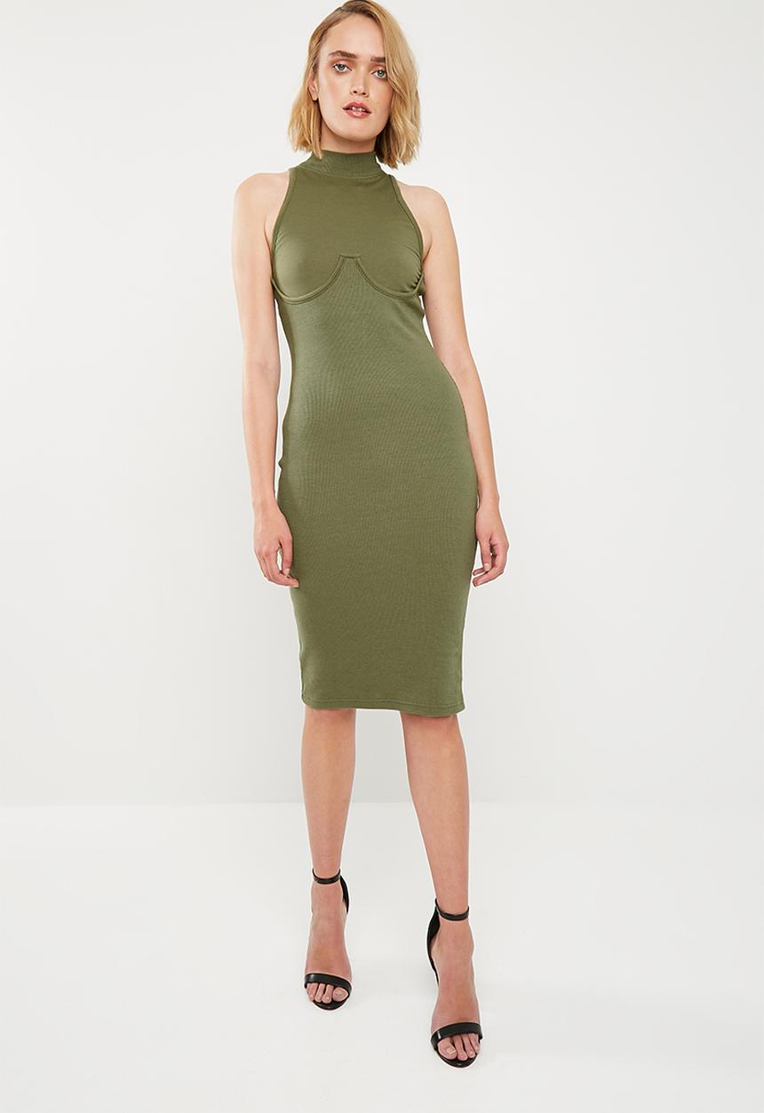 Missguided - High neck bust cup bodycon midi dress - olive