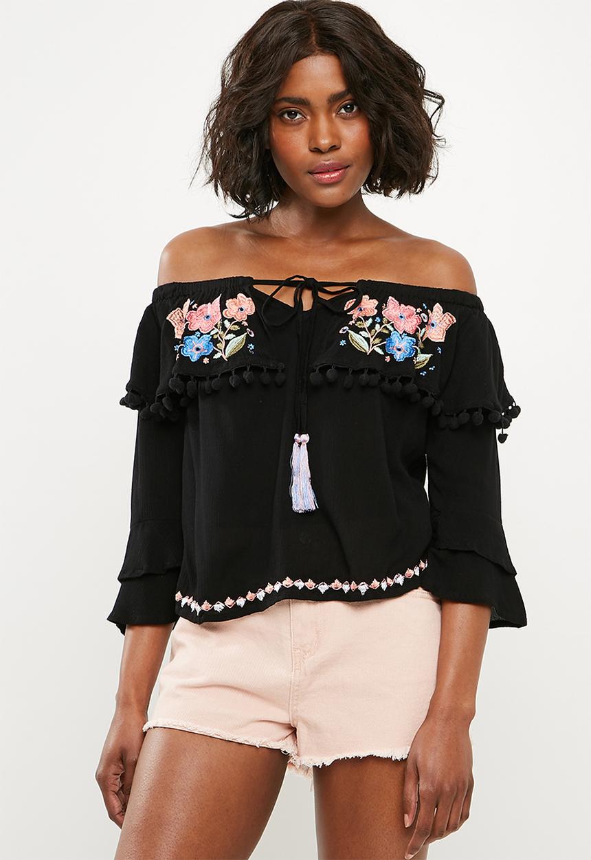 Missguided - Embroidered tier pom pom bardot - black