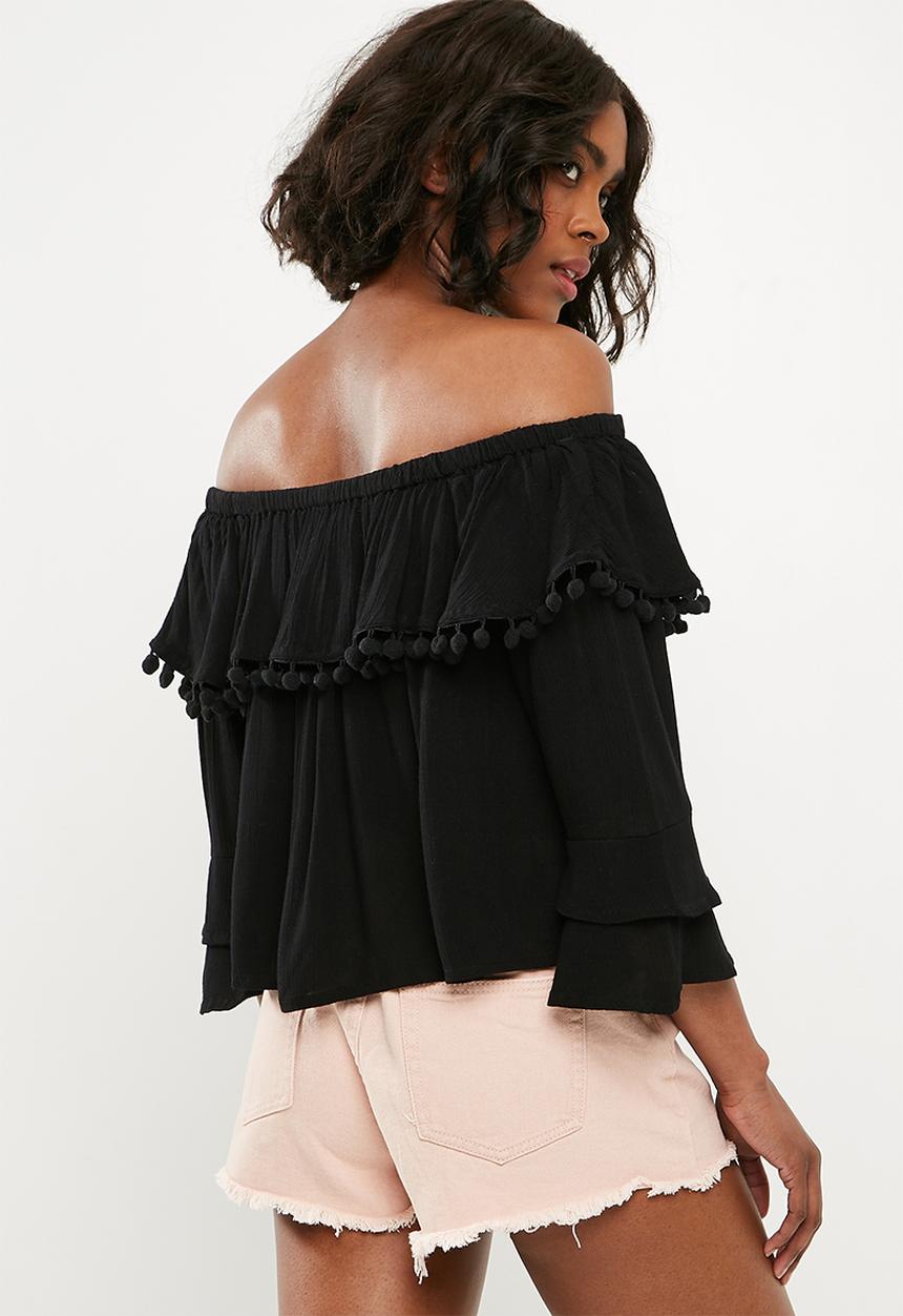 Missguided - Embroidered tier pom pom bardot - black