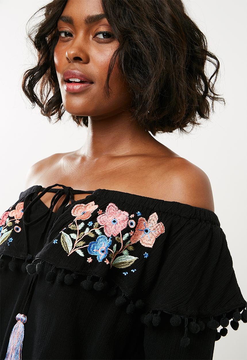 Missguided - Embroidered tier pom pom bardot - black