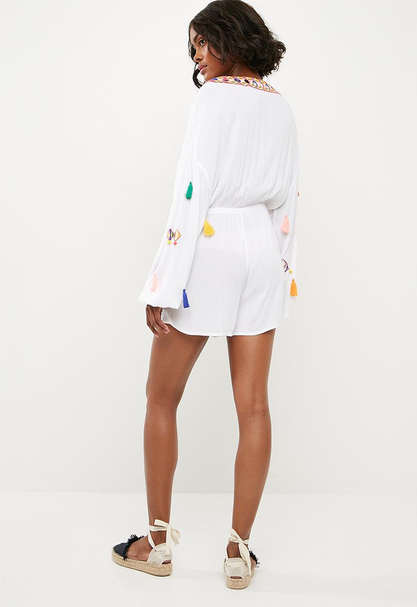 Missguided - Multi tassel mirror playsuit - white 