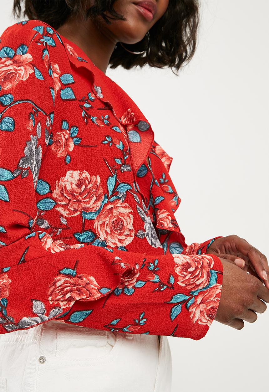 Missguided - Floral frill wrap front bodysuit - red 