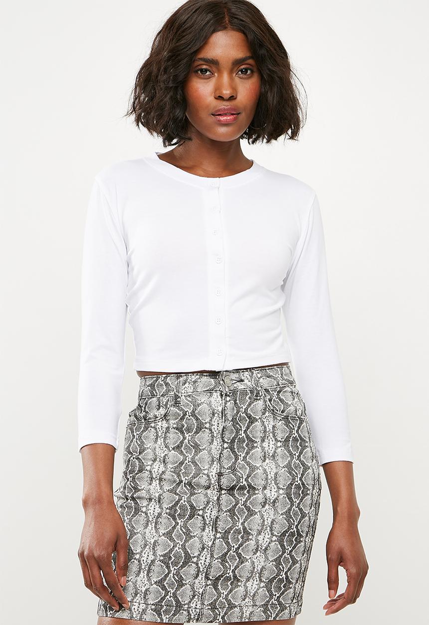 Missguided - Button front long sleeve crop top - white
