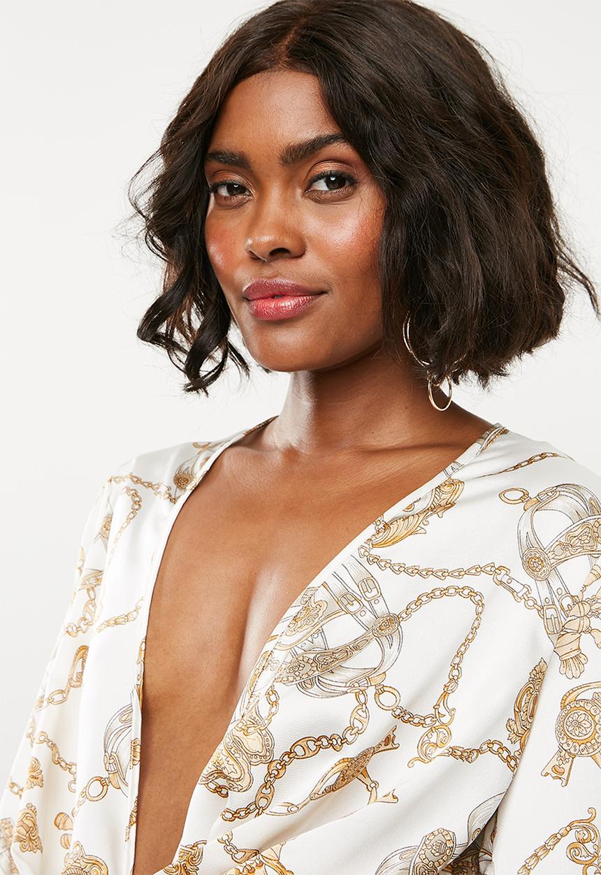 Missguided - Drape plunge flare sleeve bodysuit chain - multi