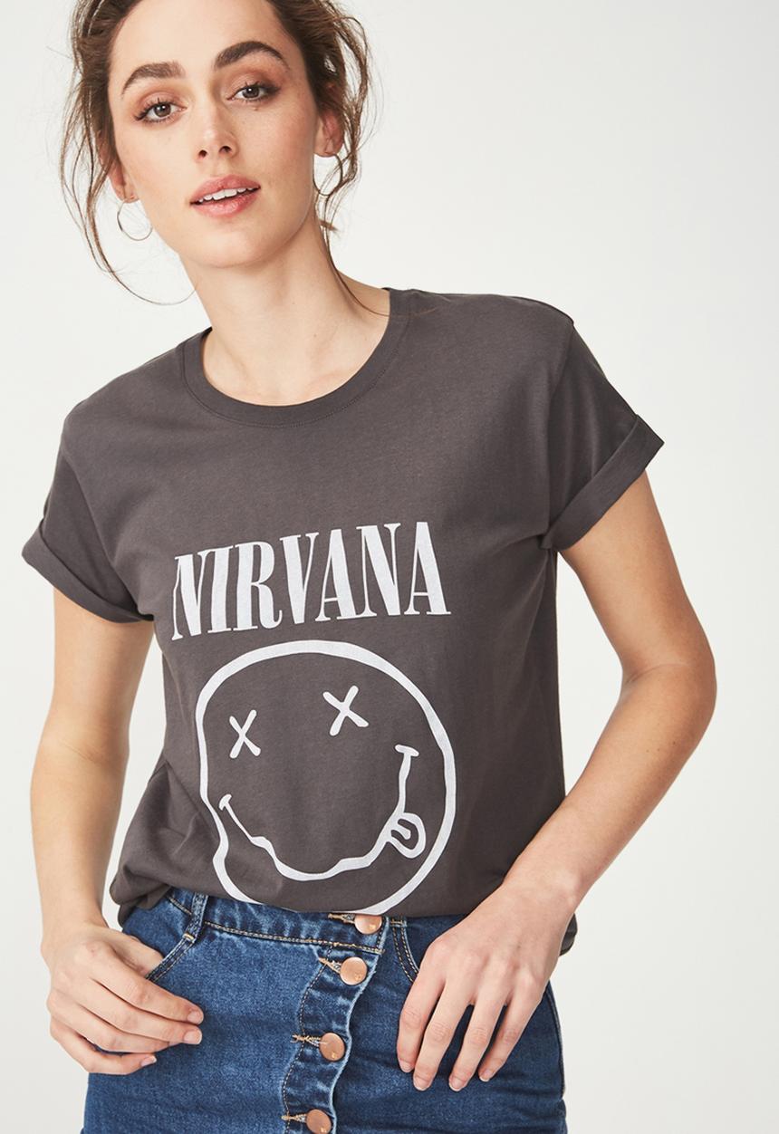 Cotton On - Tbar fox graphic T-shirt lcn nirvana smiley - grey 