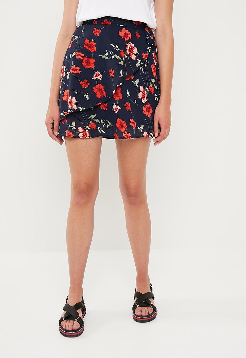 Missguided - Floral chiffon tie side frill mini skirt - navy & red