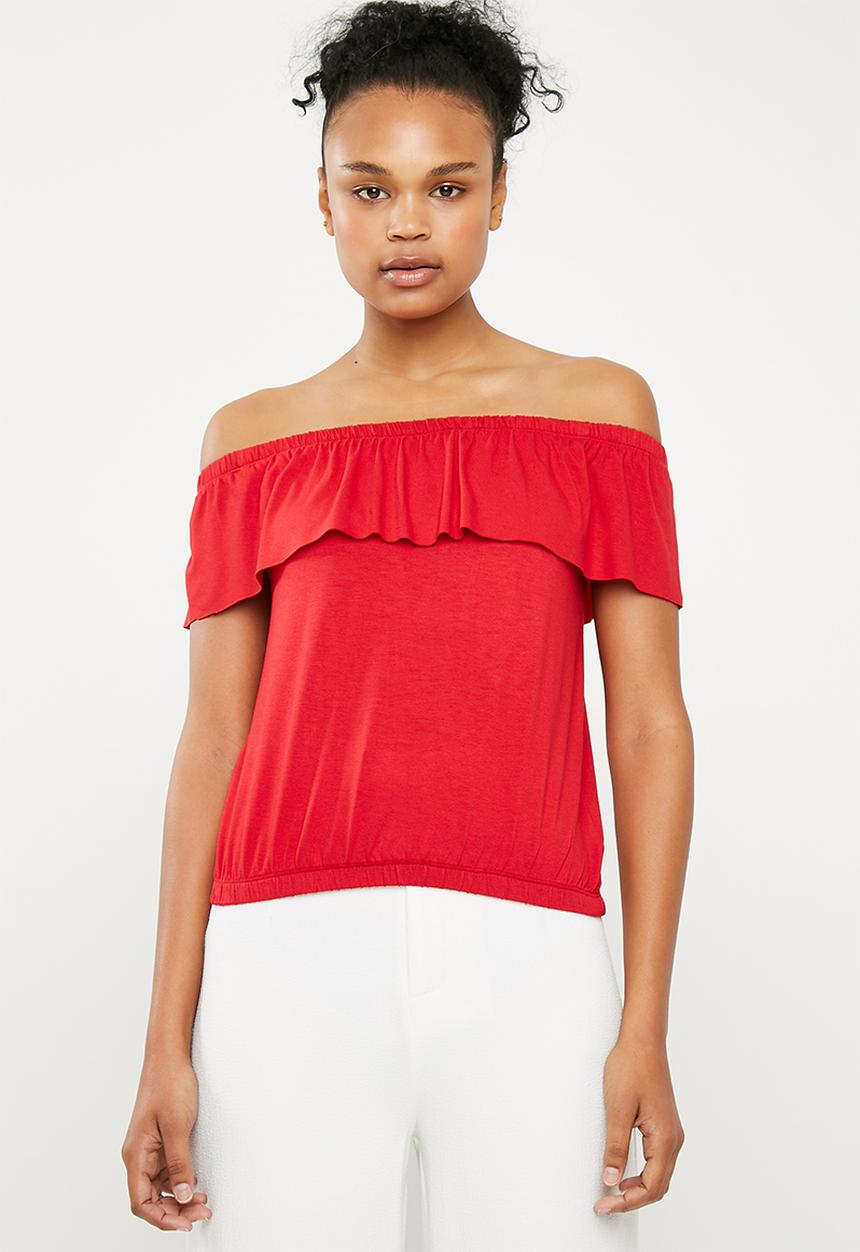 Superbalist - Off the shoulder knit top with frill - red