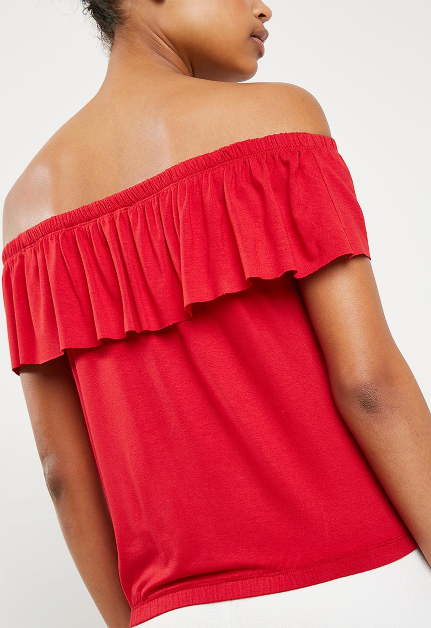 Superbalist - Off the shoulder knit top with frill - red